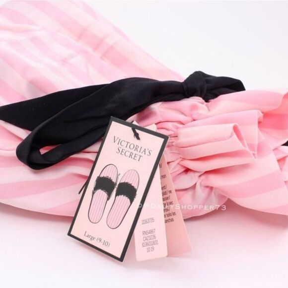VICTORIA'S SECRET SIGNATURE SATIN SLIPPERS PINK STRIPE WITH FAUX FUR SLIPPER - Picture 12 of 13